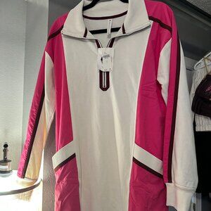 Daily Sports Color-block 1/4 Zip Tunic Sweatshirt Dress Ivory Pink Sz S NWT